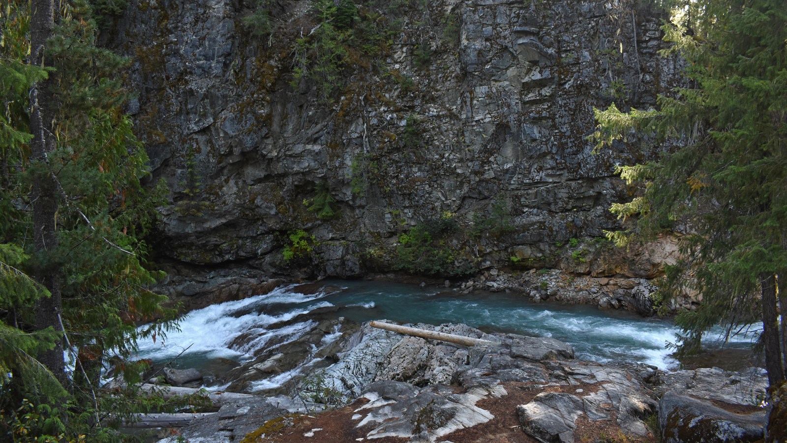 A rushing creek with clear green water under steep gray rocky cliffs