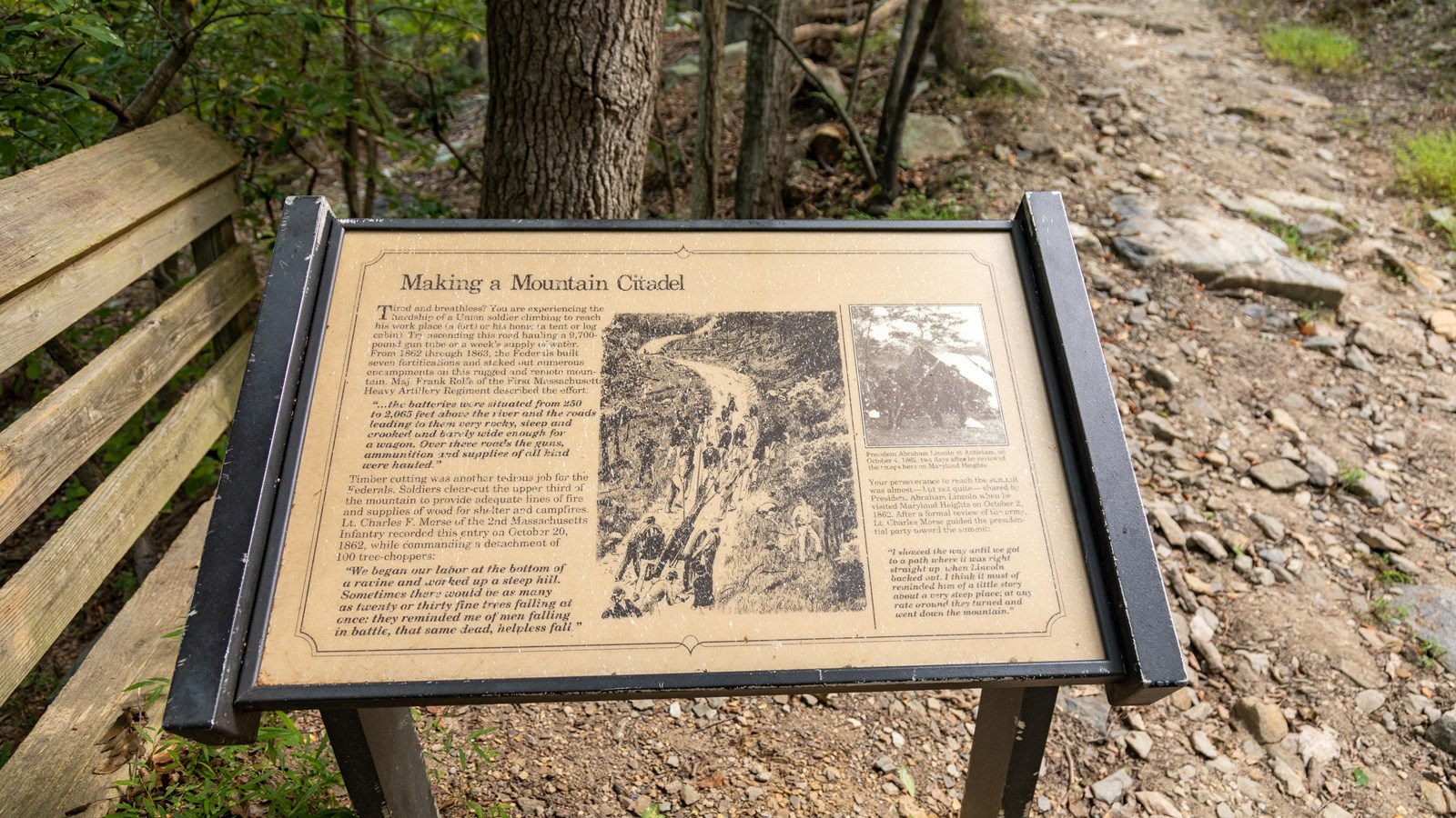 A sign along a rocky, uphill trail describes the difficult terrain Civil War soldiers experienced.