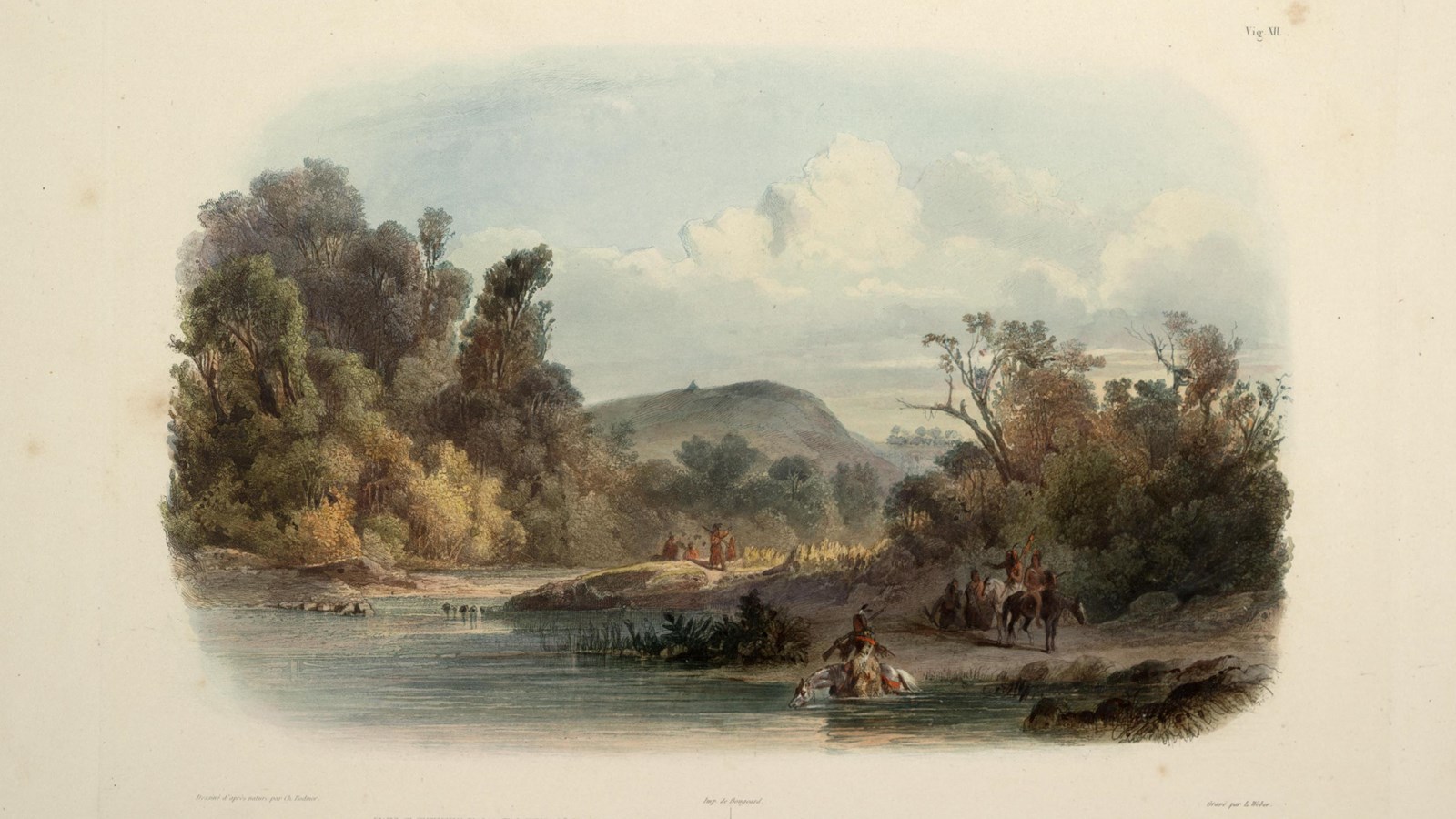 Illustration from the 1830s showing a river with unidentified tribal members at the river\'s edge, so
