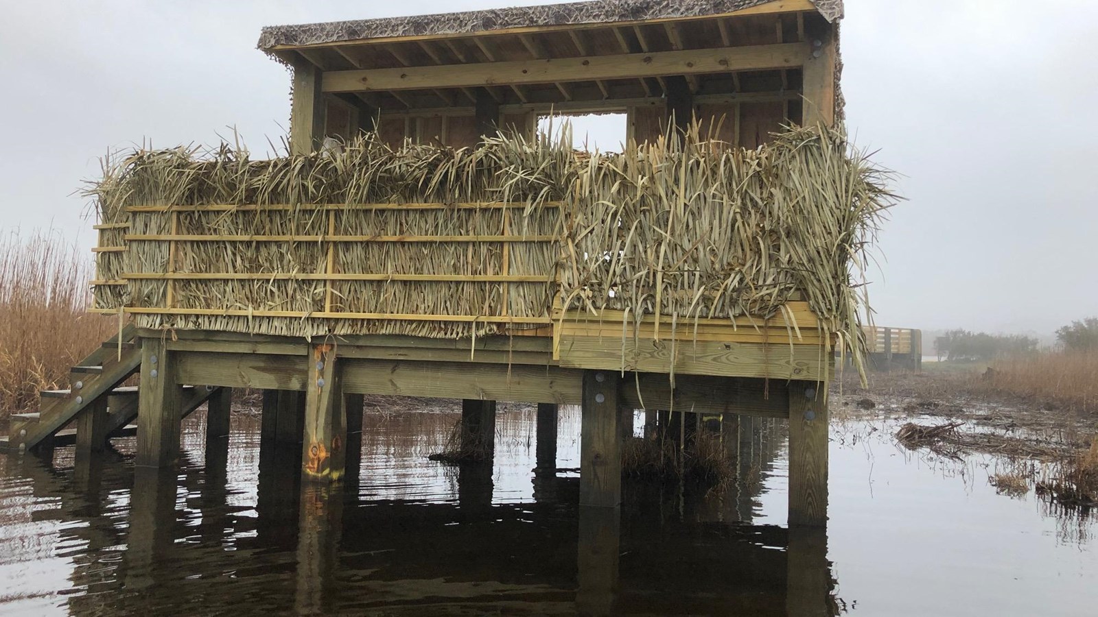 Camouflaged elevated hunting blind