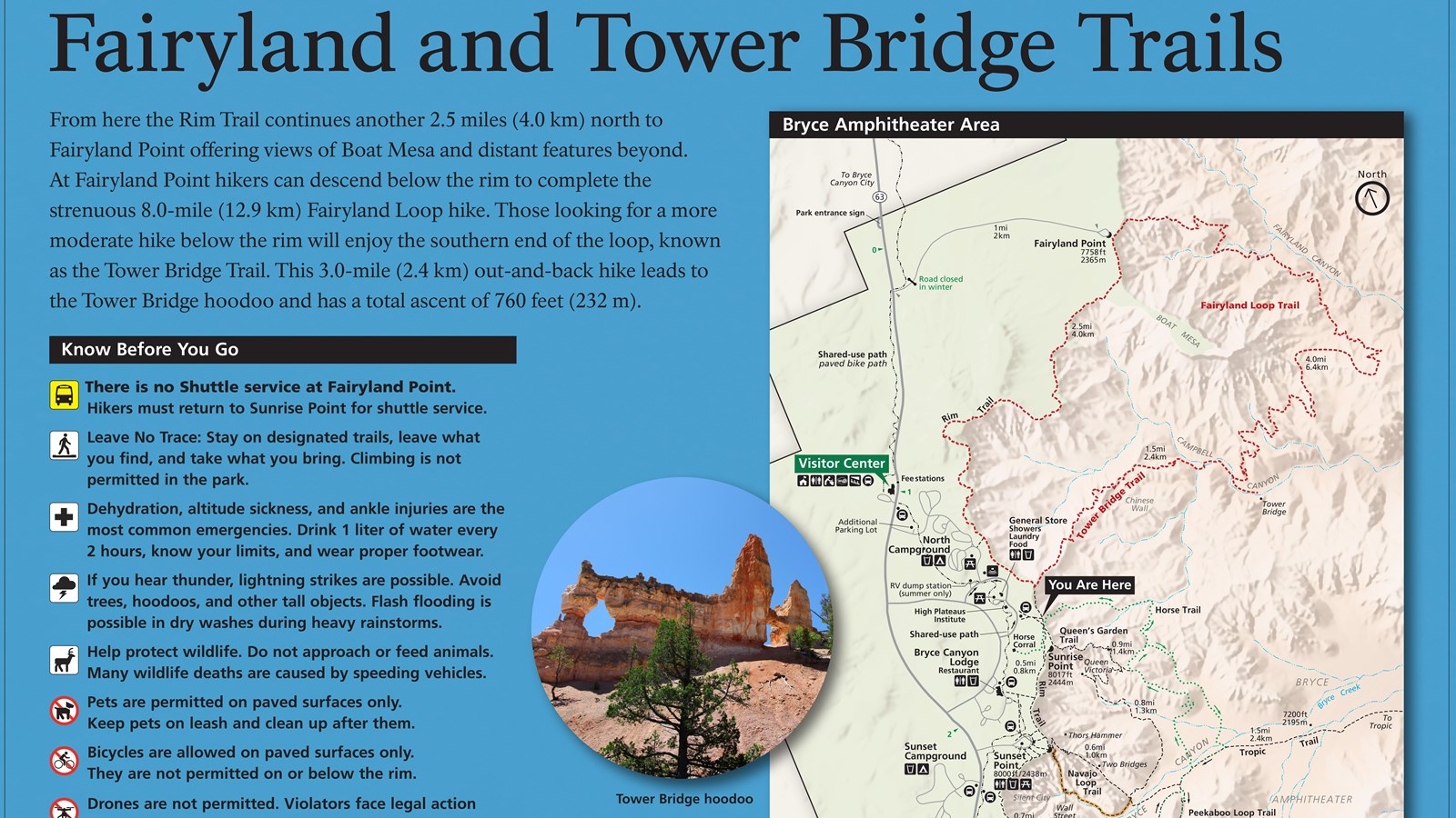 A wayside exhibit shows a map and information on the Fairyland and Tower Bridge trails.