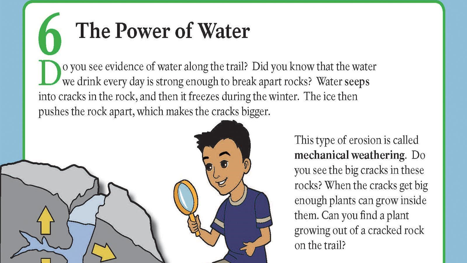 An illustrated young boy examines a rock breaking apart from weathering.