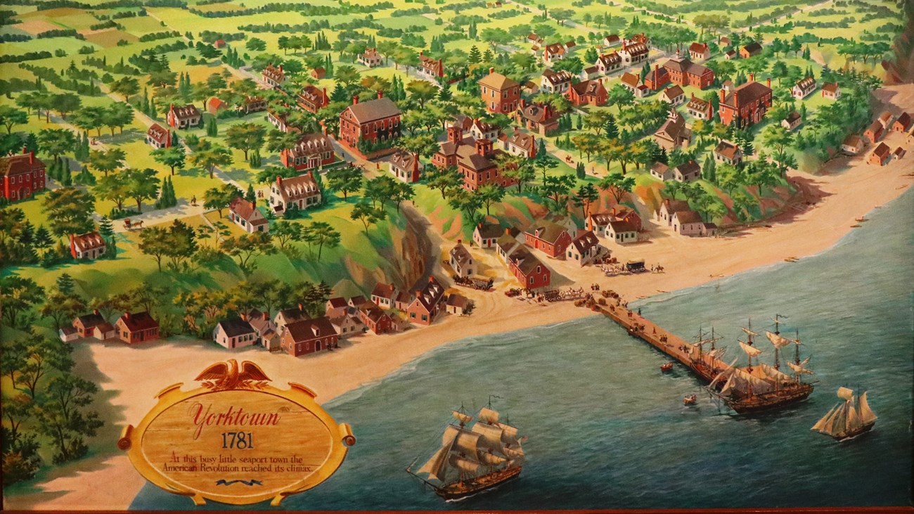 A painting of the 1781 village of Yorktown 