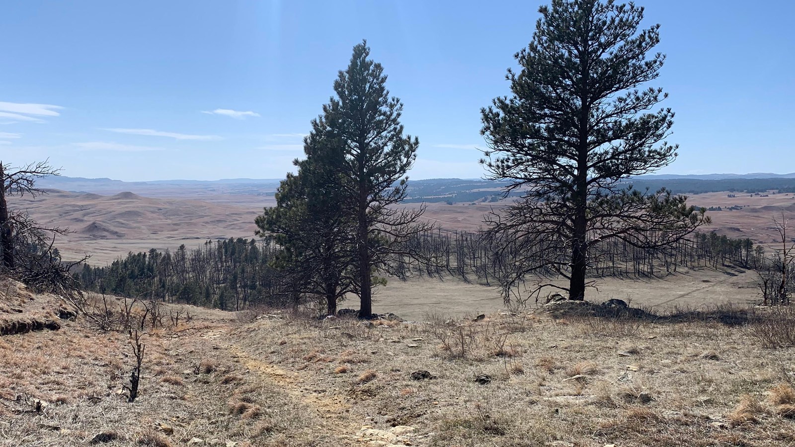 A hiking trail looks out onto the prairie and rolling hills beyond. 