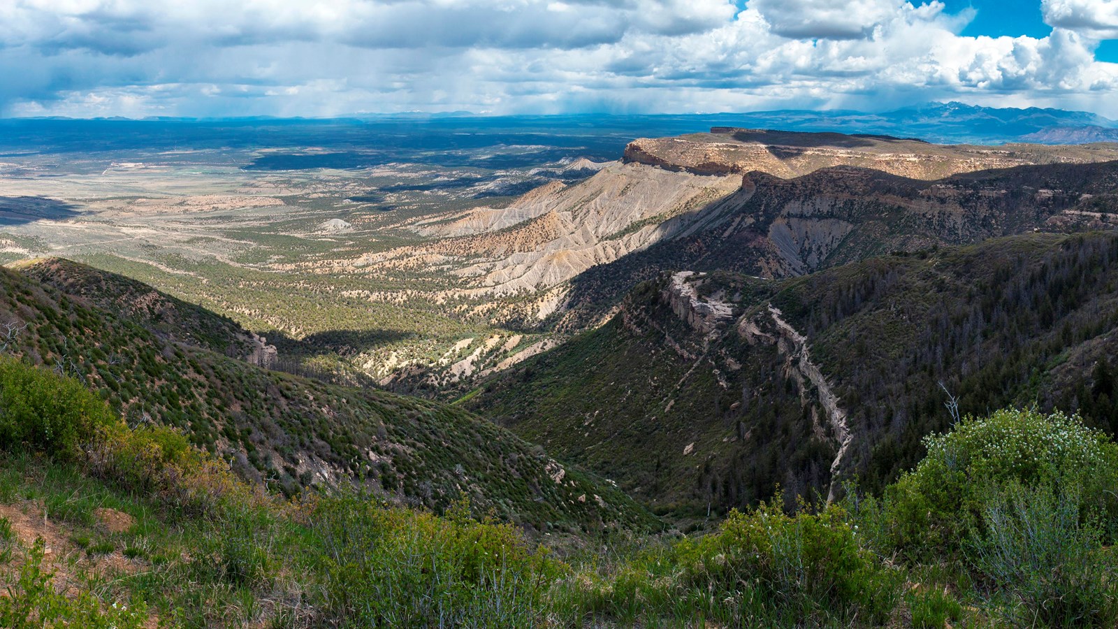 Wide landscape view of brush covered hills in foreground and mountain peaks in the distance.