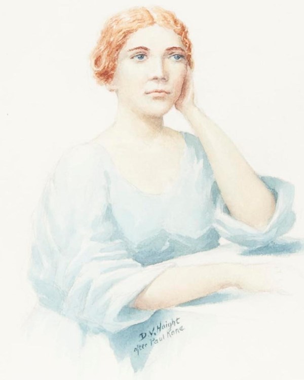 A portrait of a woman with blonde hair pulled back and wearing a light blue dress