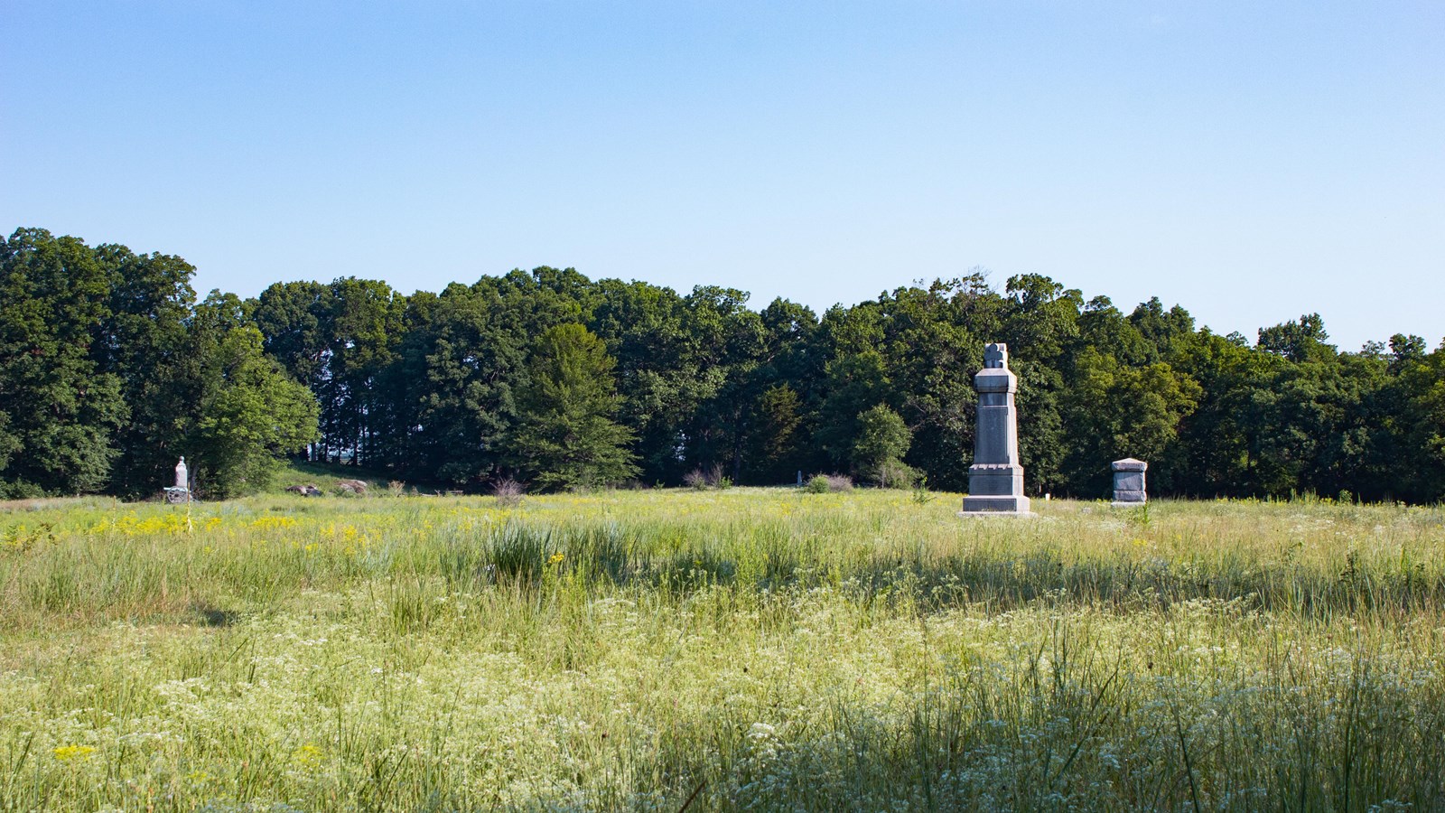 A green farm field with monuments scattered throughout. The field is surrounded by trees. 