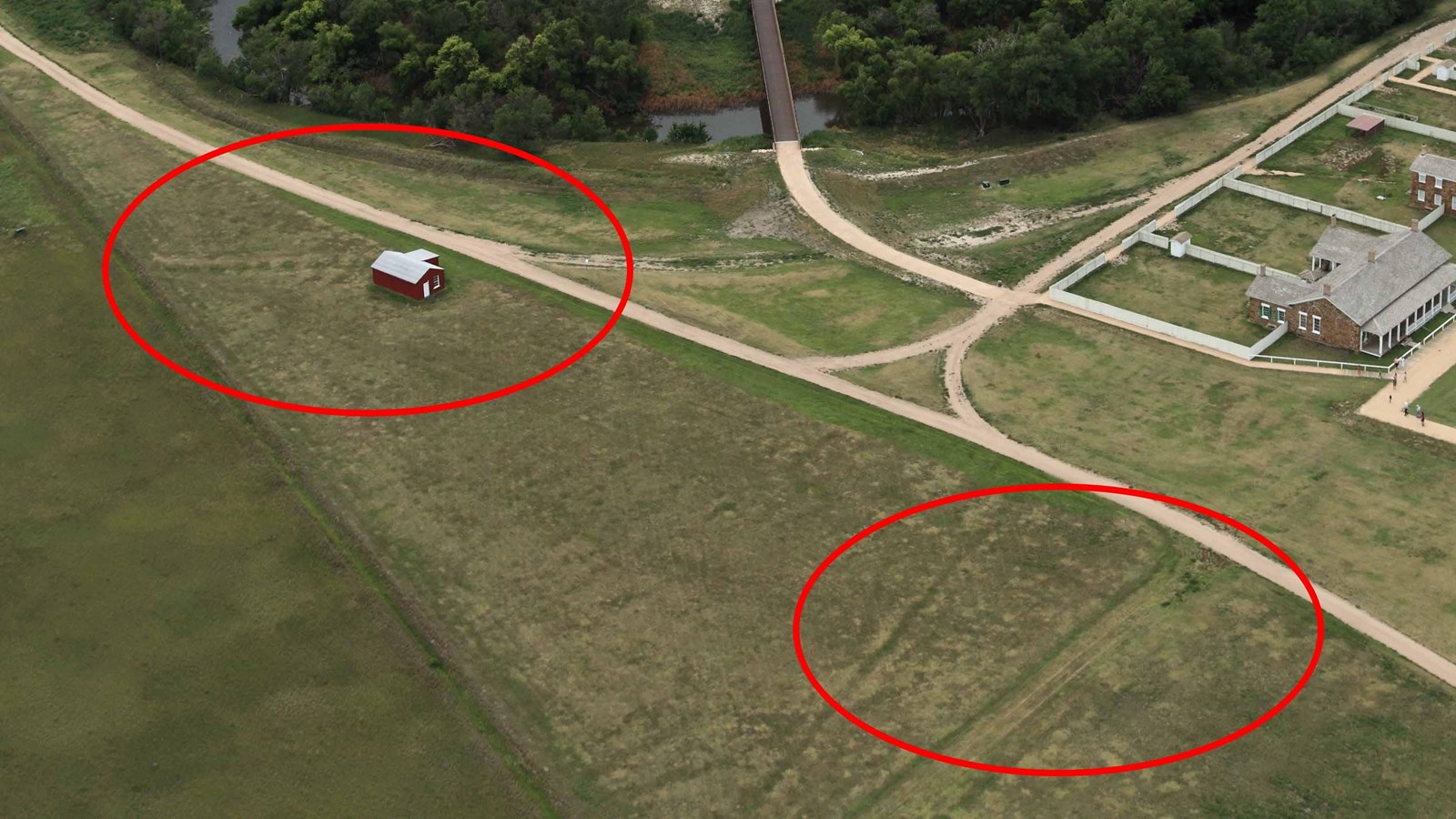 Aerial view of the location of both sutlers\' stores circled in red.