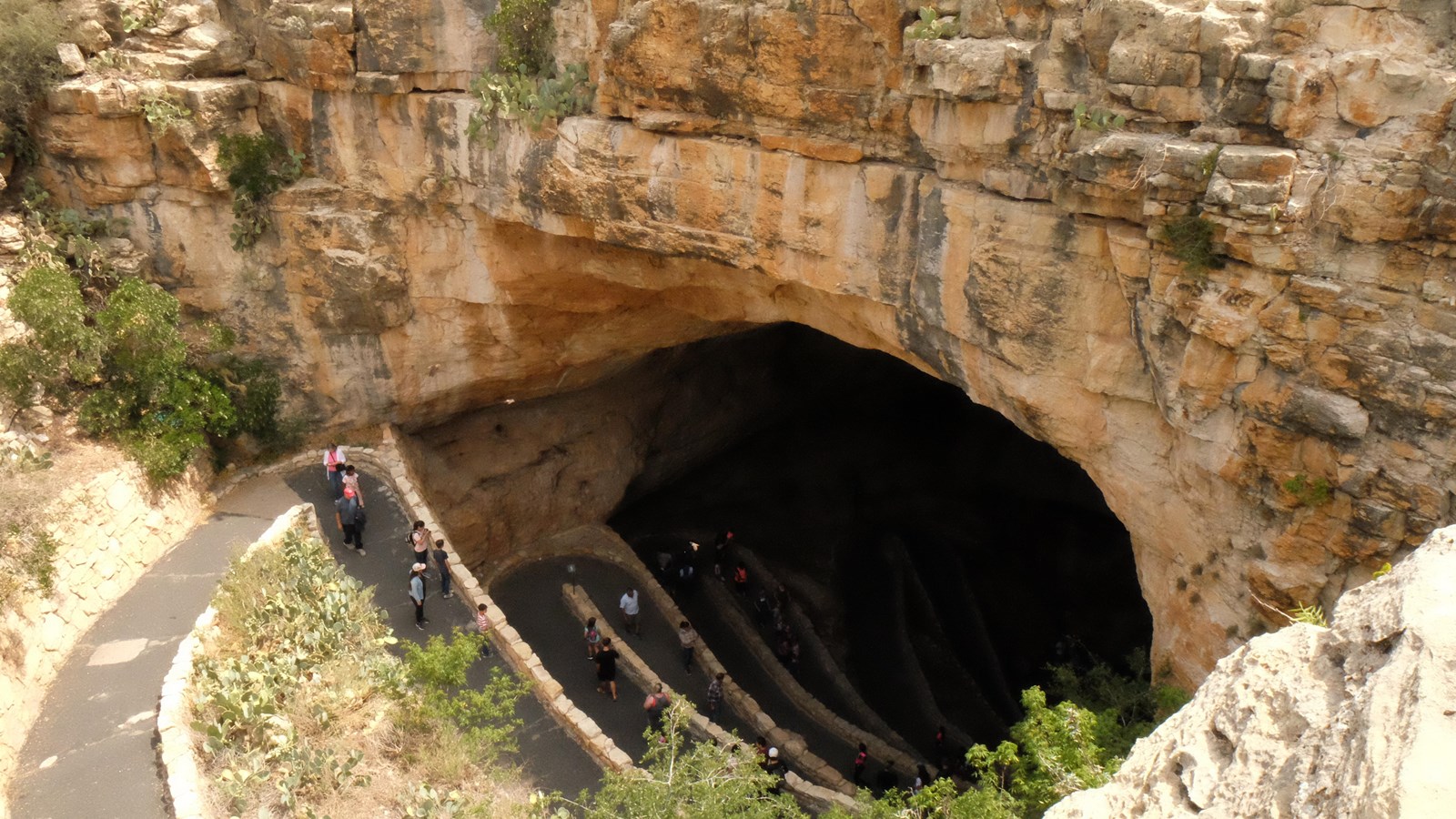 Photo of the Natural Entrance to Carlsbad Cavern with a trail zigzagging down.