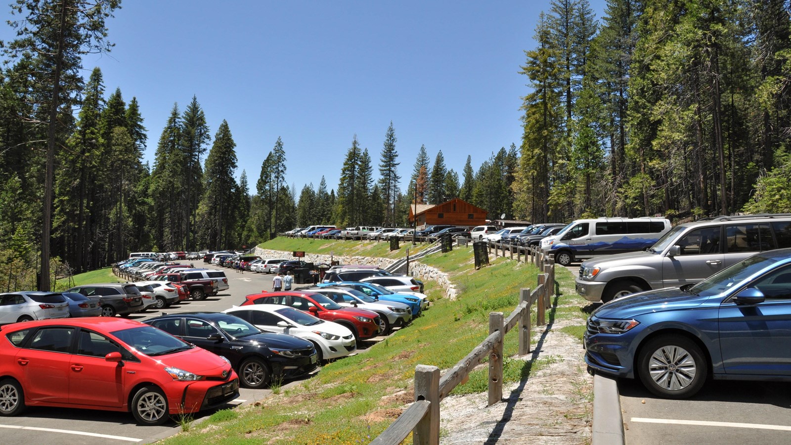 Cars parked in the lot at the Mariposa Grove Welcome Plaza