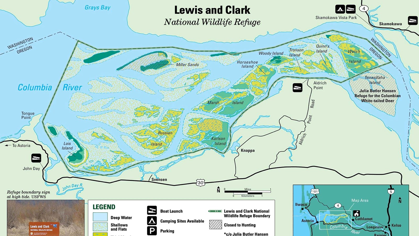A detailed map of the Lewis and Clark National Wildlife Refuge showing the many islands, sandbars an