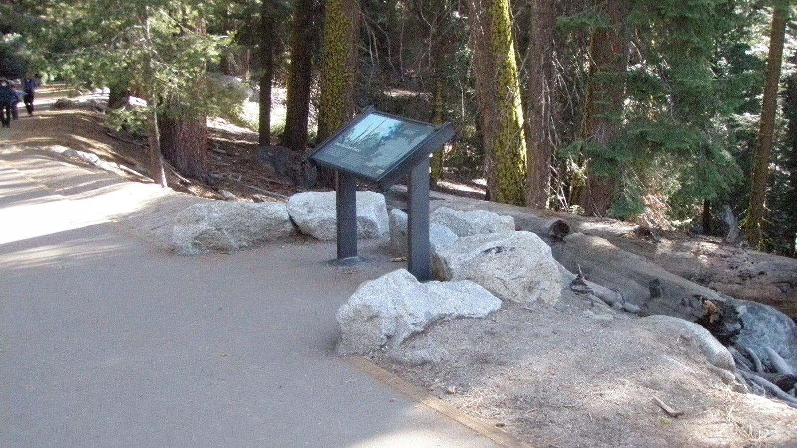 a metal sign is just off the side of the trail with trees in the background.