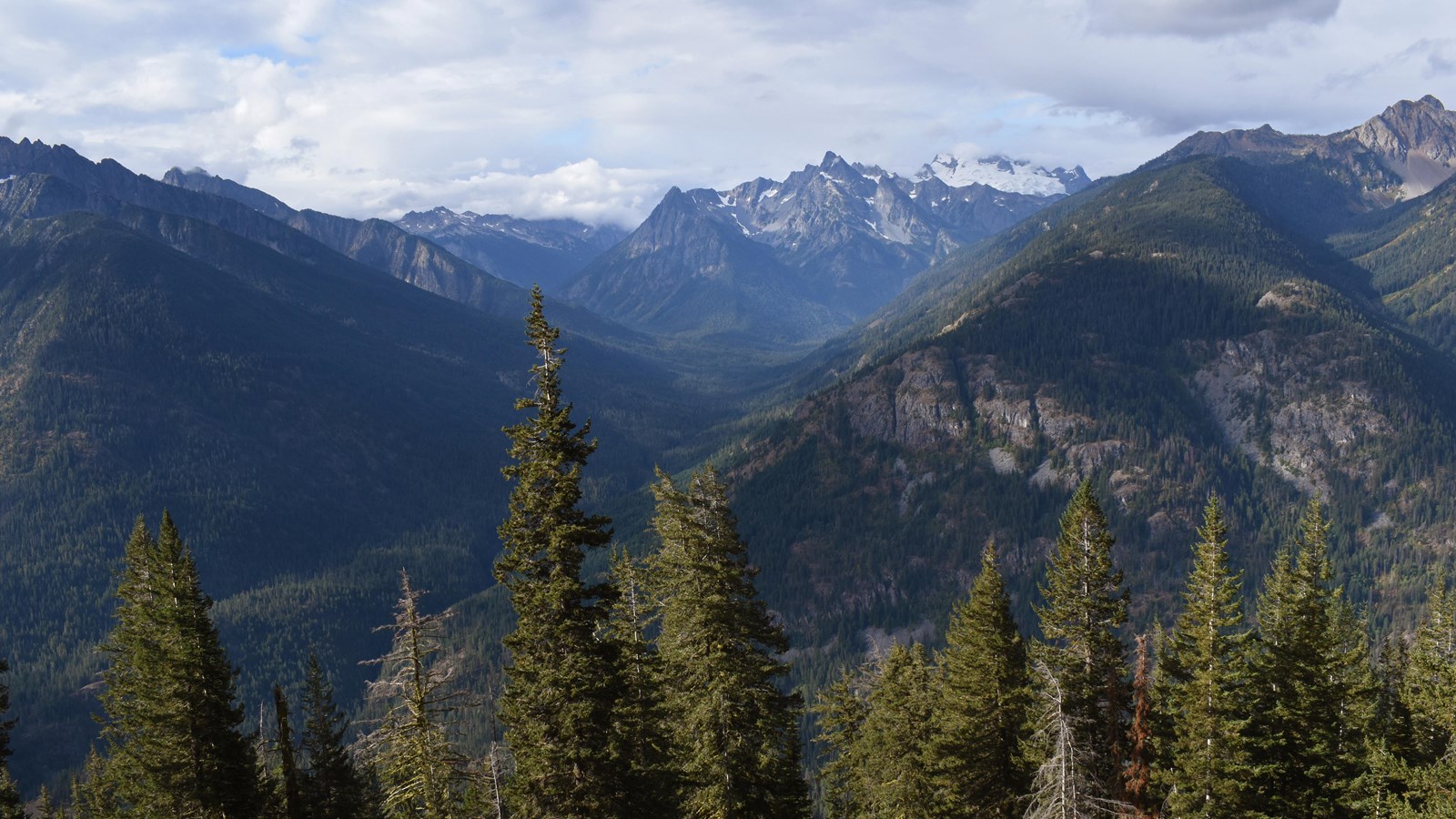 A view looking down a forested mountain valley, with rugged snow-capped peaks in the distance.