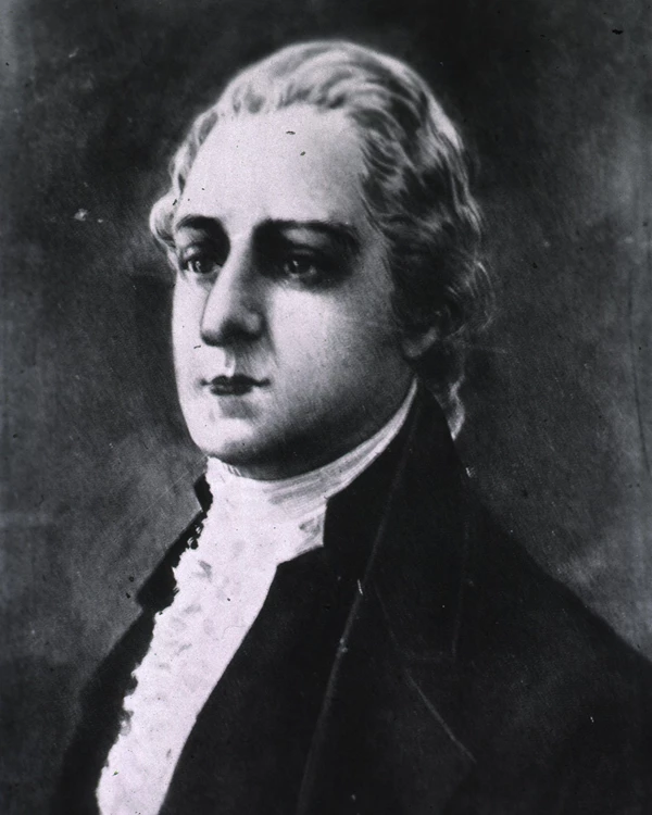 Black and white drawing of a man wearing dark coat and lacy jabot