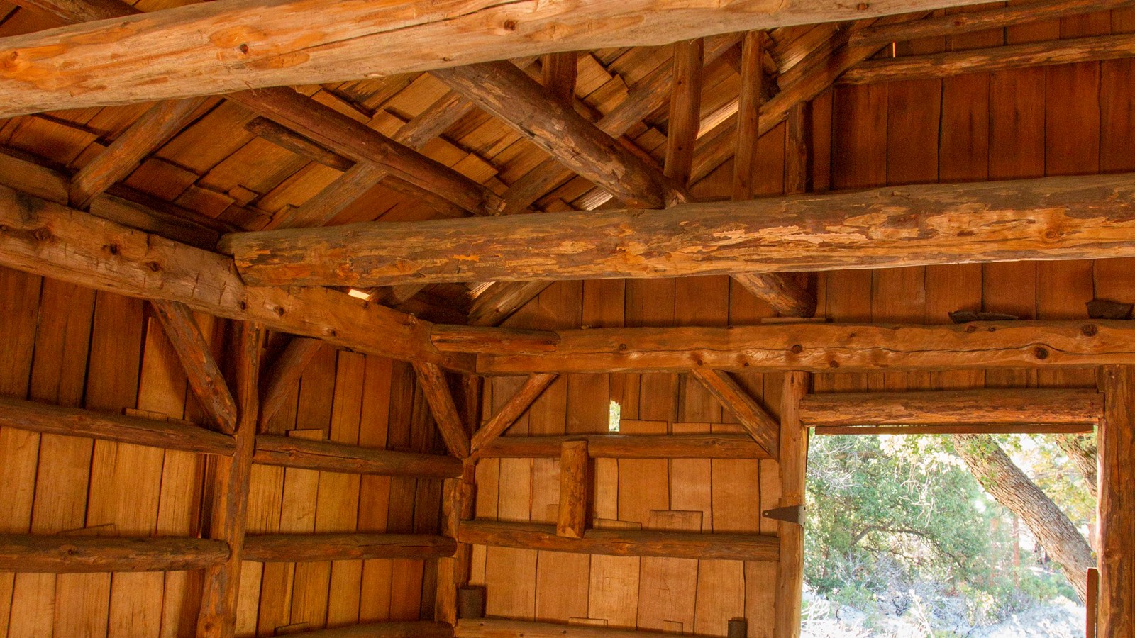 The inside of Knapp\'s Cabin with exposed wood beams and wood walls