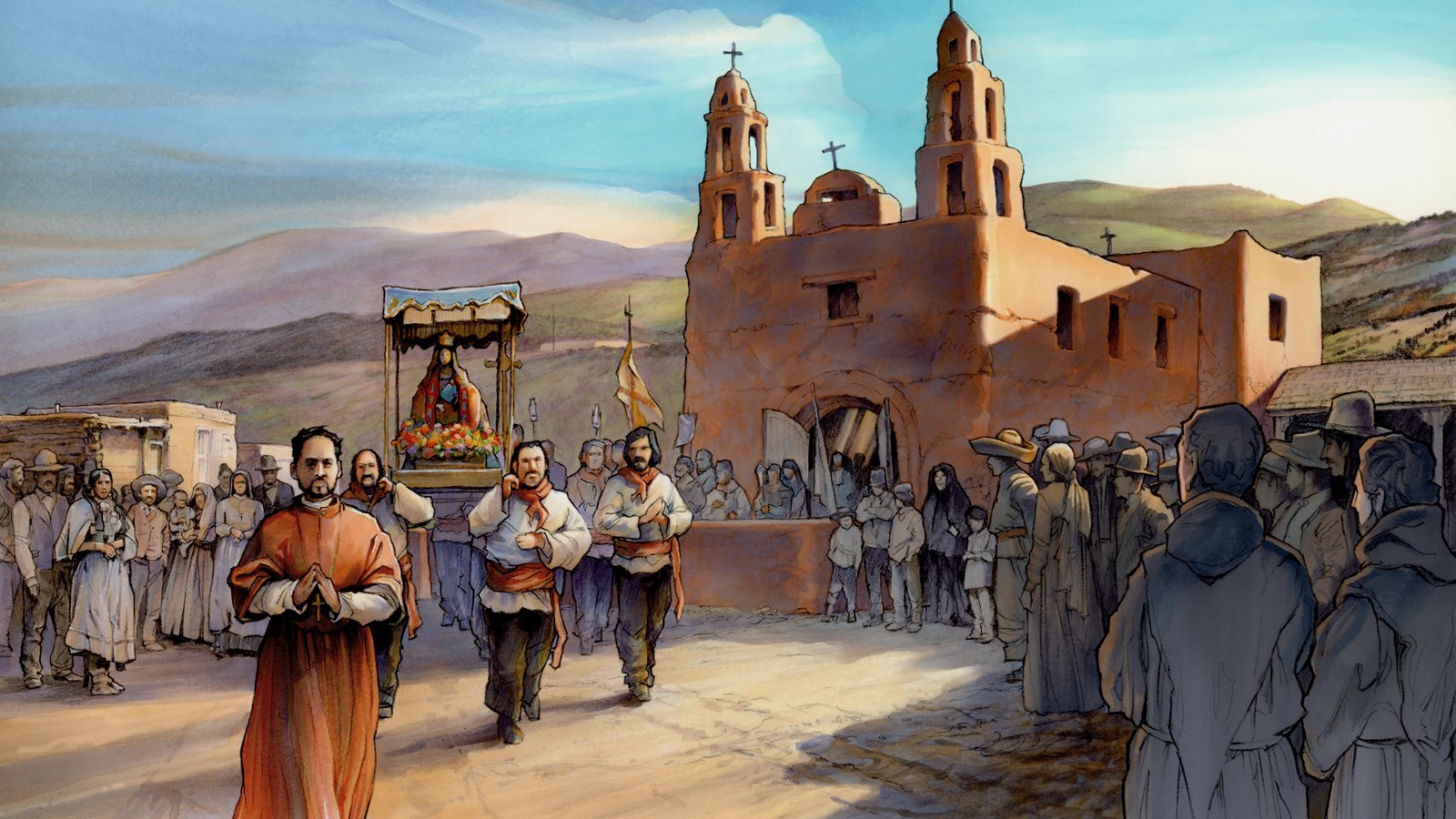 People gather outside a church in an illustration depicting historic Santa Fe.
