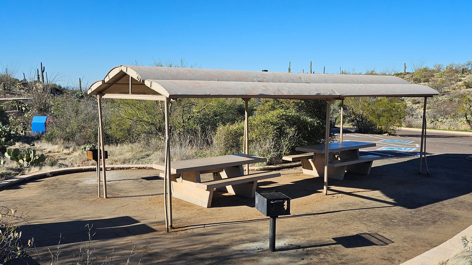 Two wheelchair accessible picnic tables under a large shade structure, surrounded by desert plants