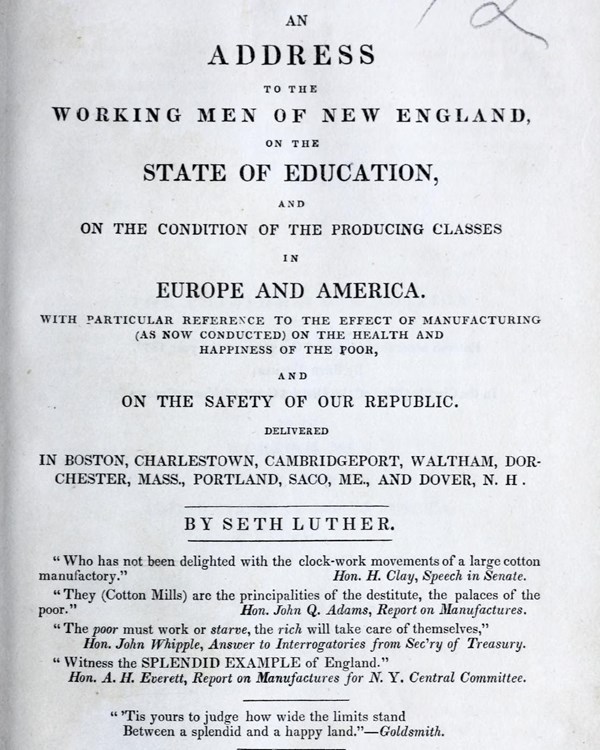 Title page of Seth Luther's "An Adress to the Working Men of New England"