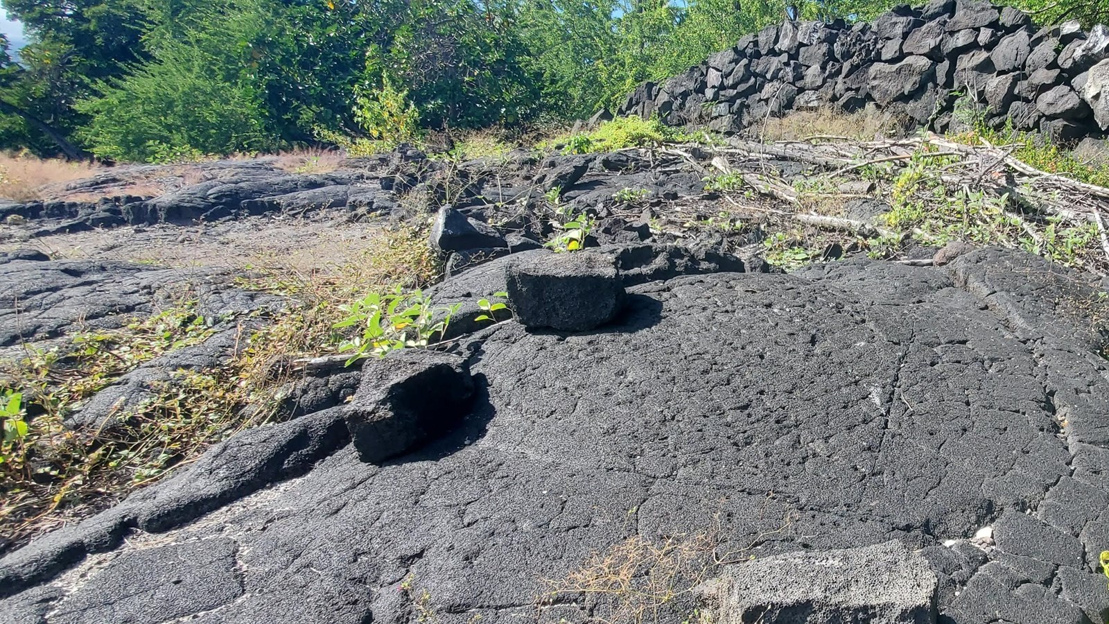 Smooth pahoehoe lava on the side of a trail with a kōnane papamū carved into it