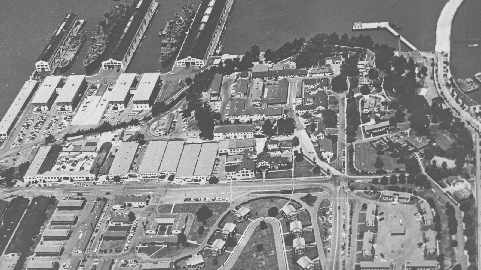 Fort Mason at its most developed, with World War II buildings with Civil War era buildings.
