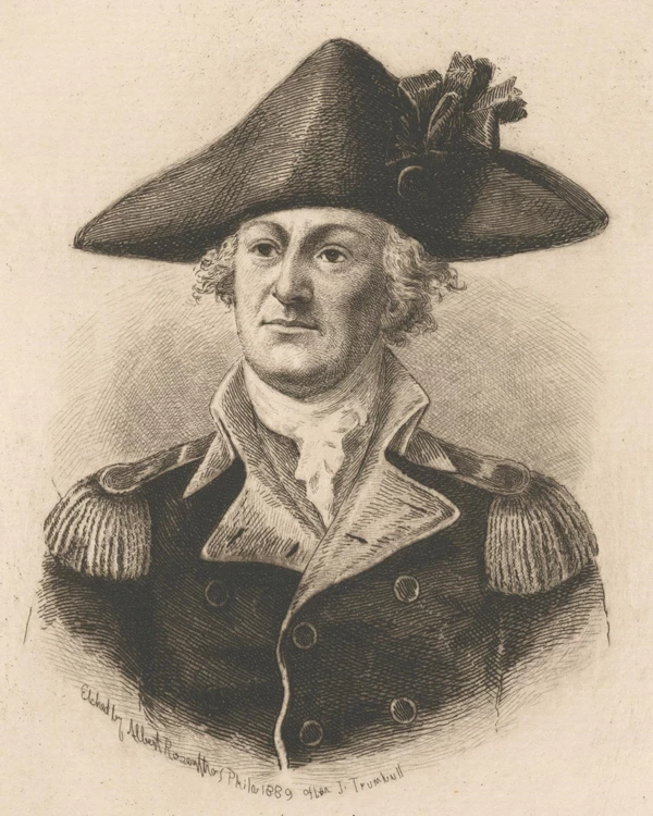 Engraving of man in military uniform wearing tricorn hat