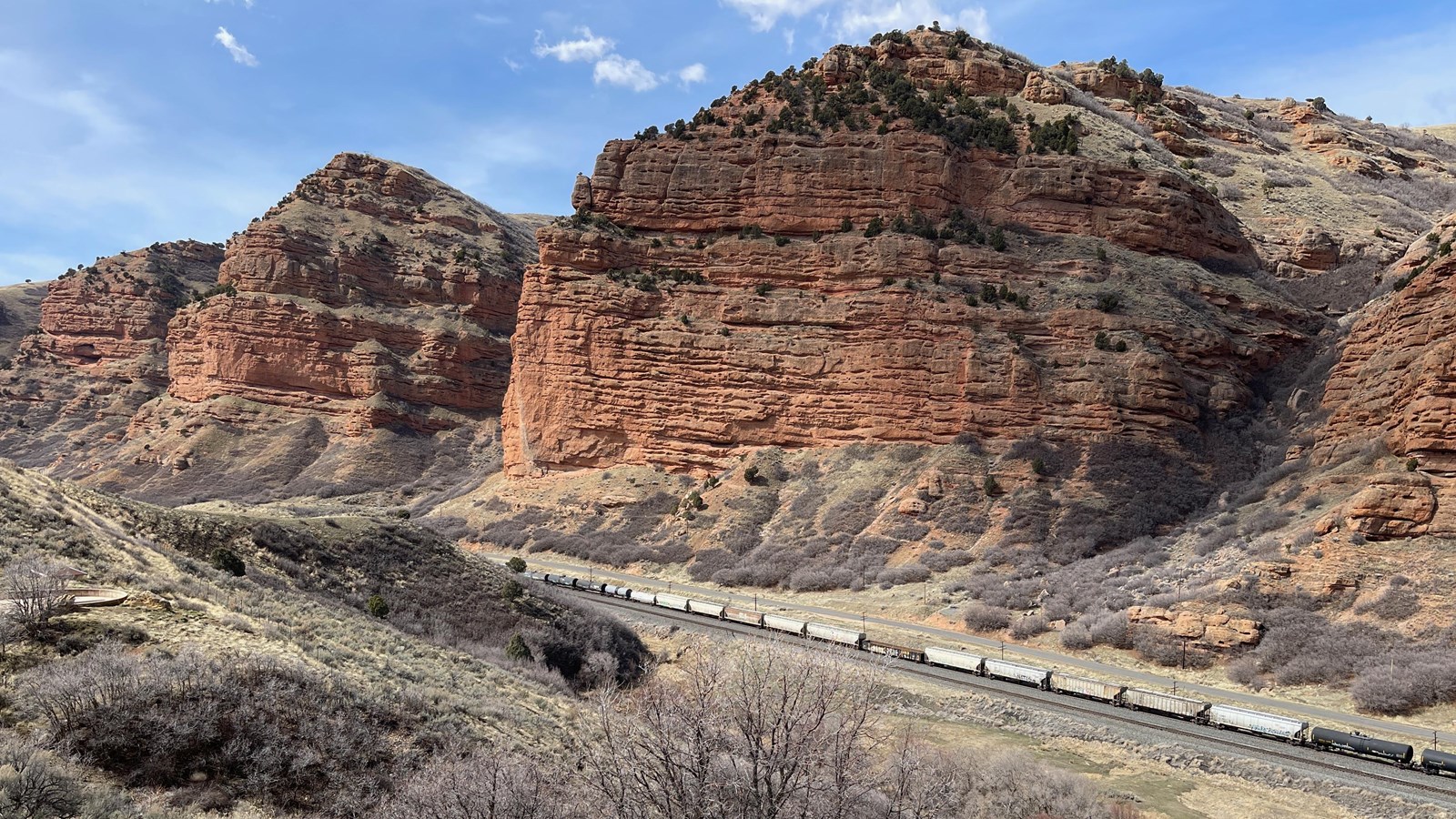 A canyon lined with red rock outcroppings is behind trees and brush paths.