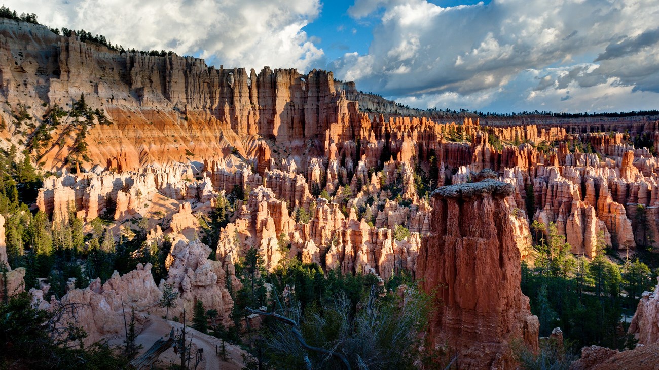 An overhead view of red rock formations with a blue sky in the background