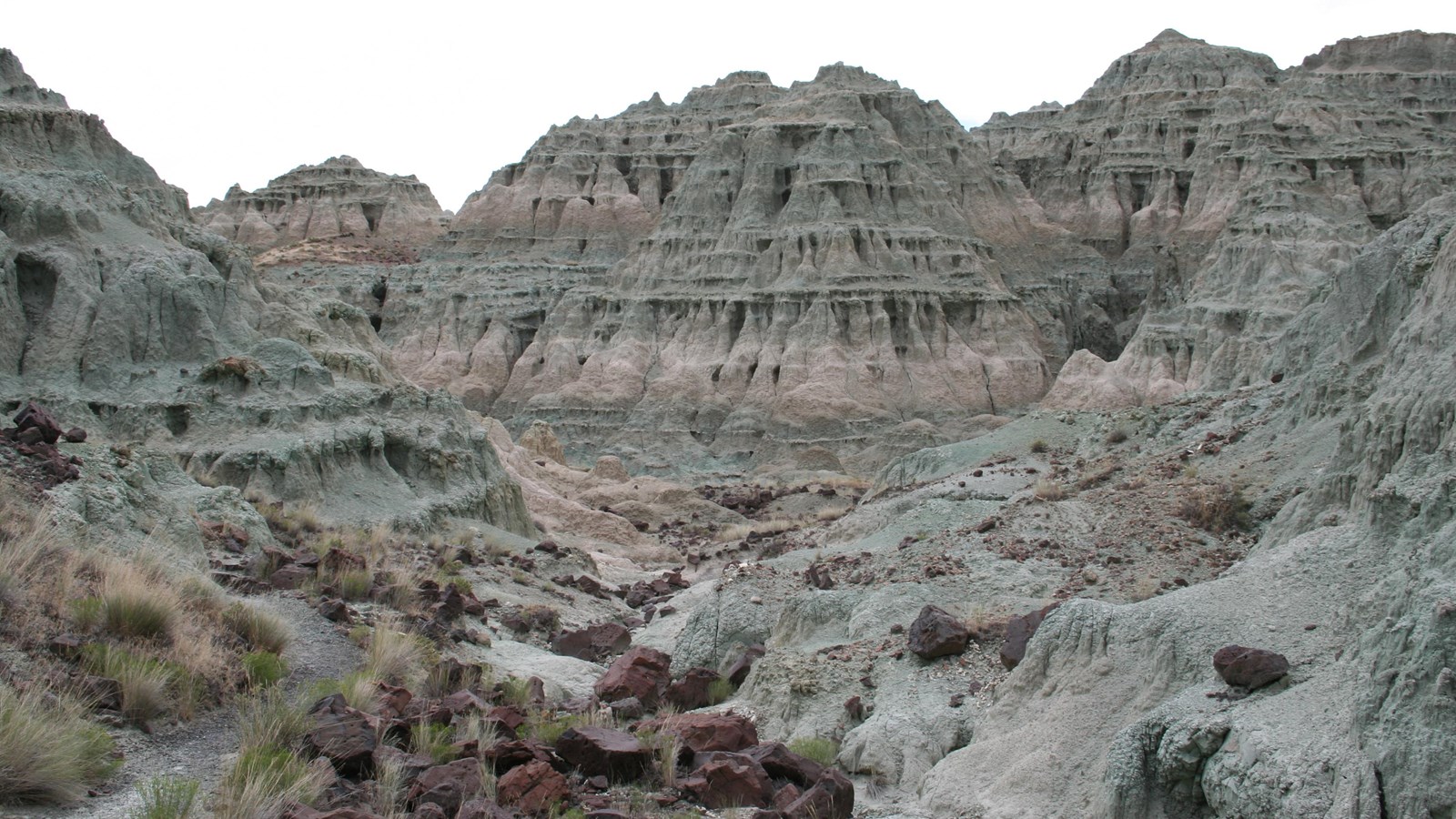 Blue-green and tan claystones