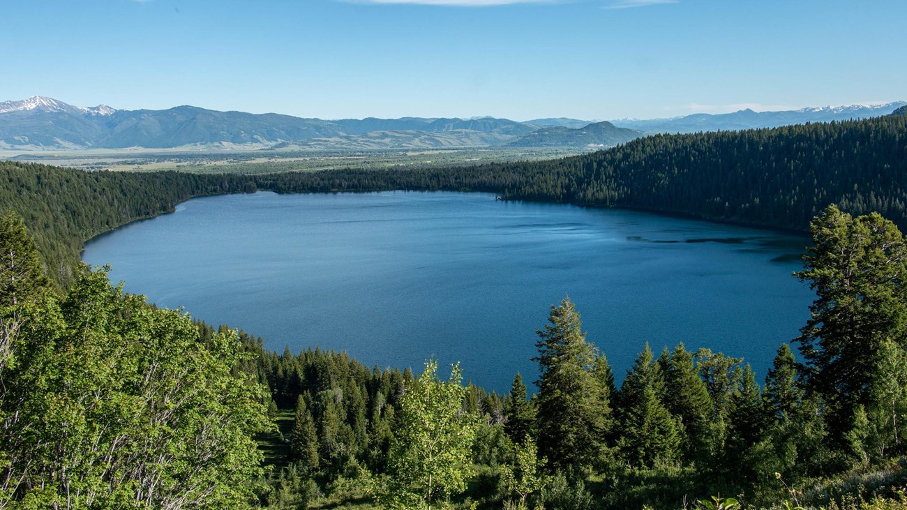 A lake surrounded by trees as viewed from above.