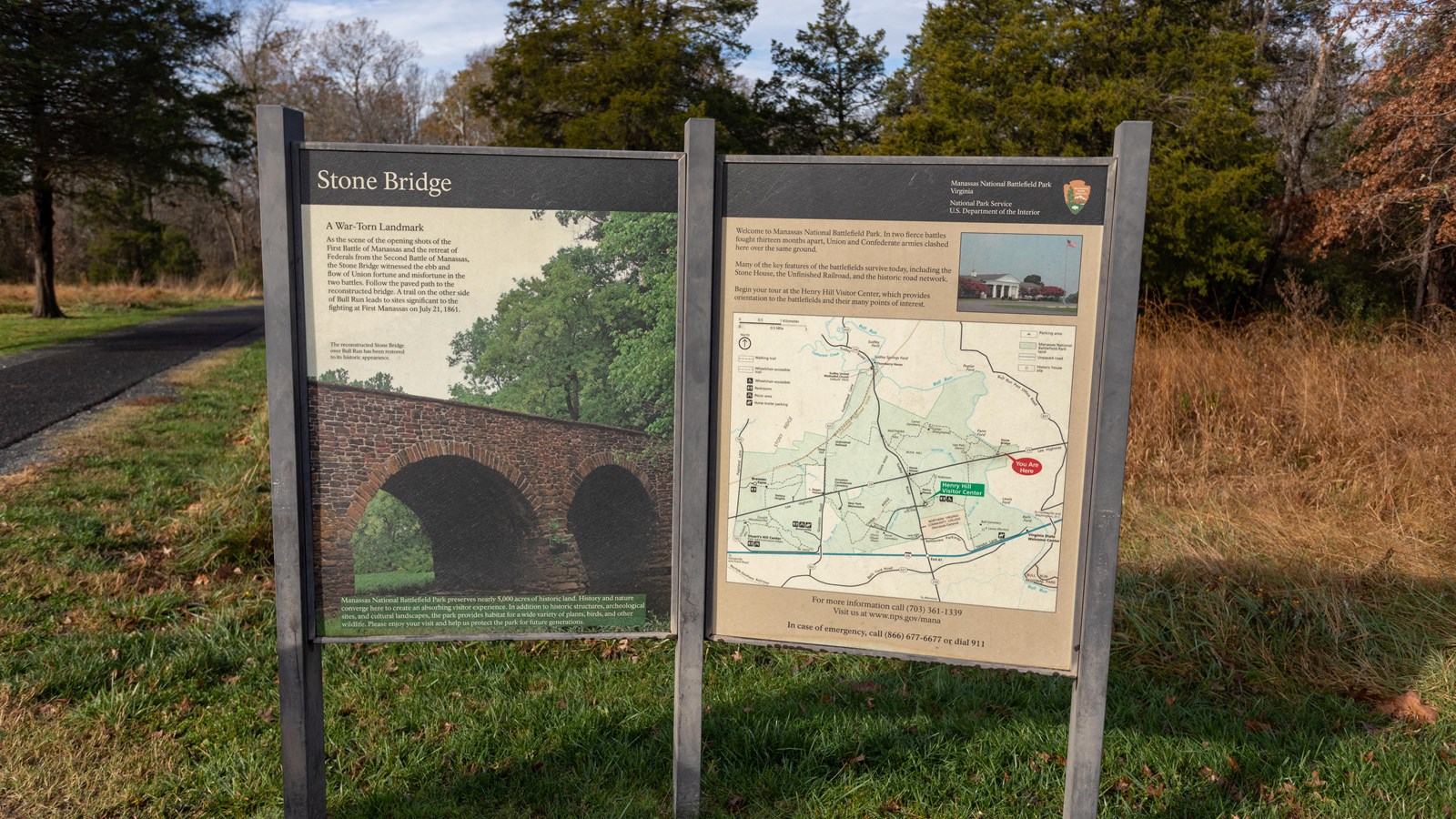 A picture of the stone bridge is on the left panel. A map of the park is on the right panel. 