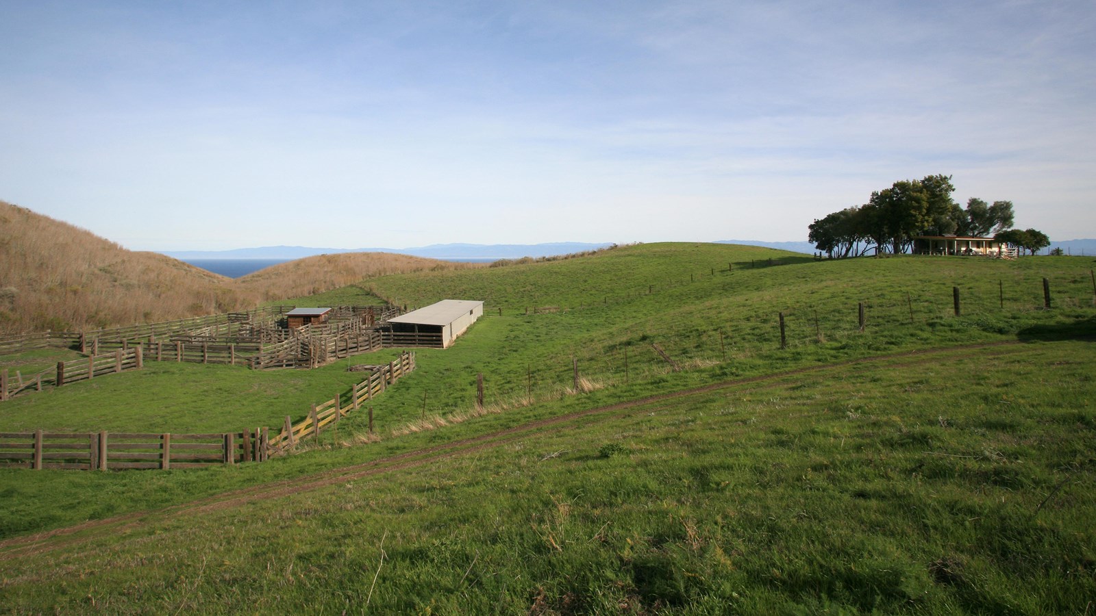 Grassy hill with fence line, corrals, outbuildings, and ranch house surrounded by trees. 