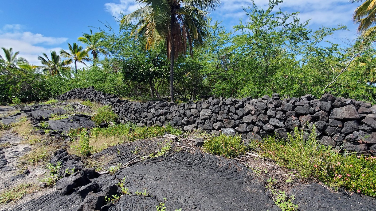 A 4 foot high wall of stacked stone runs parallel to the trail and curbstone rocks line the trail