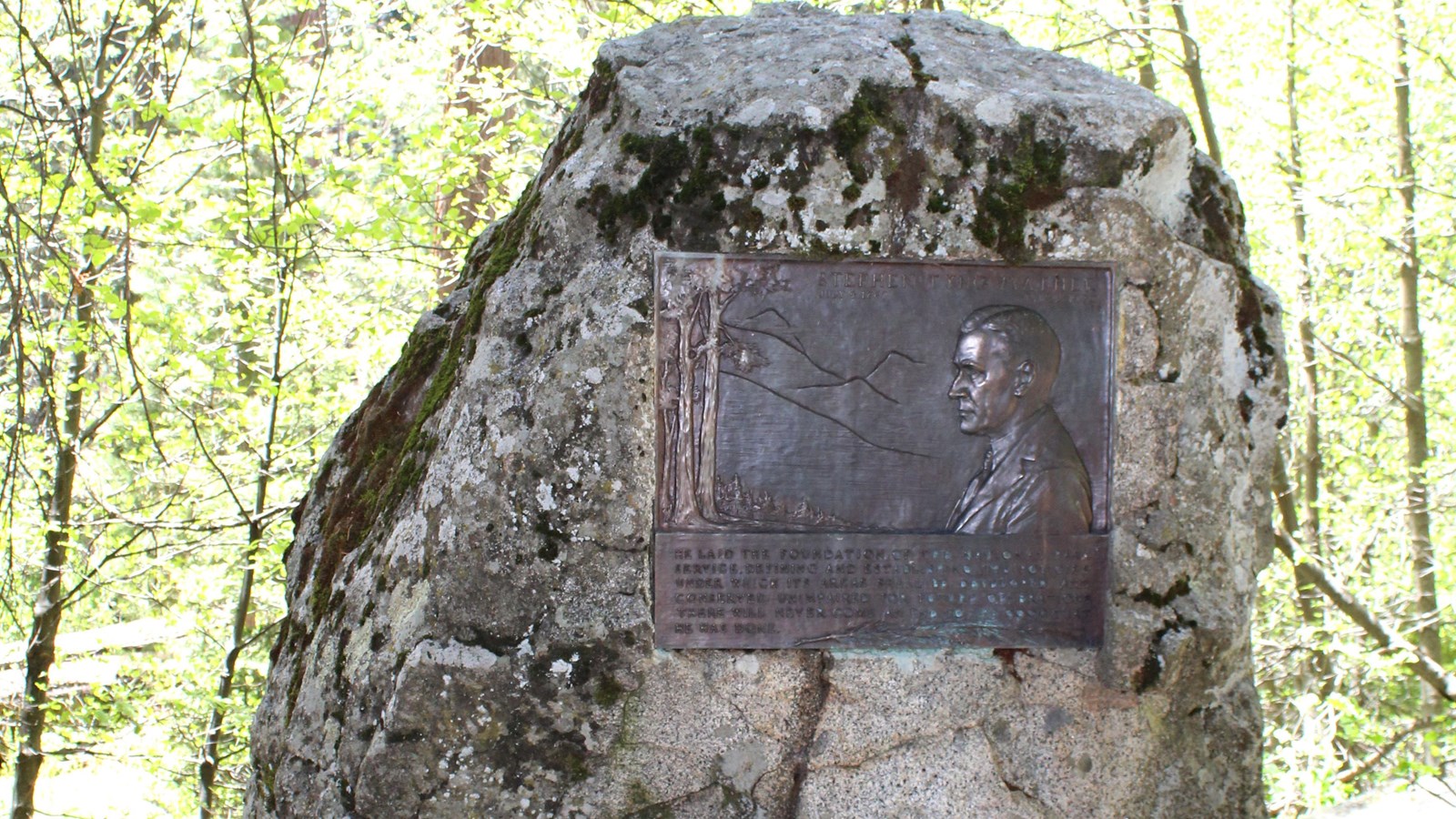 A bronze plaque commemorating the contributions of Stephen Mather to the National Park Service.