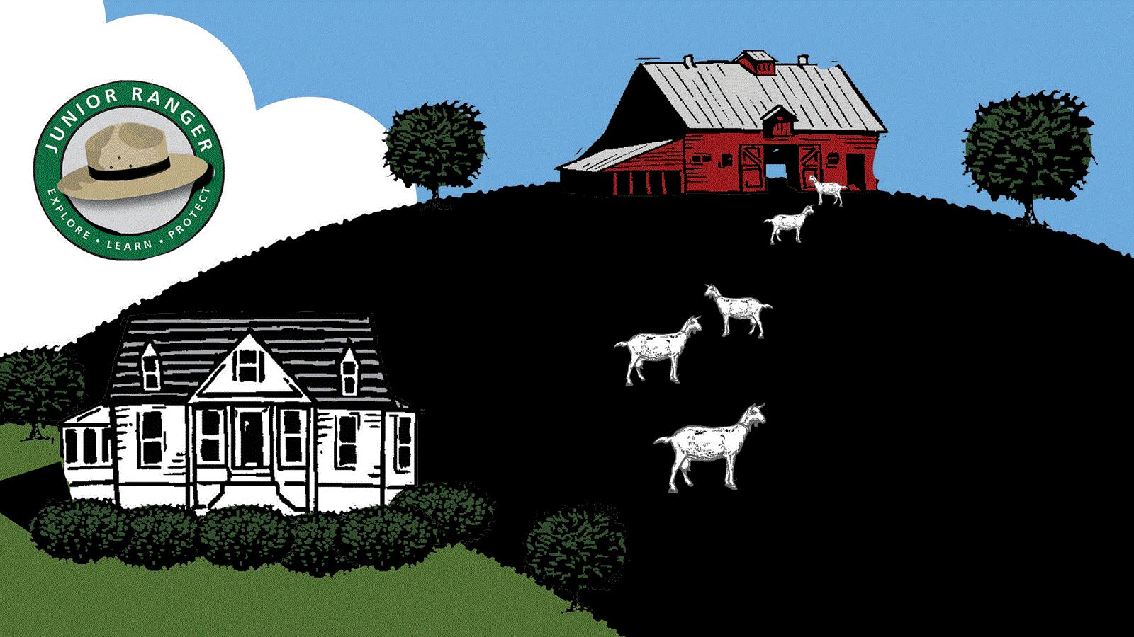 illustrated image of a large field with the Sandburg Home and a Barn