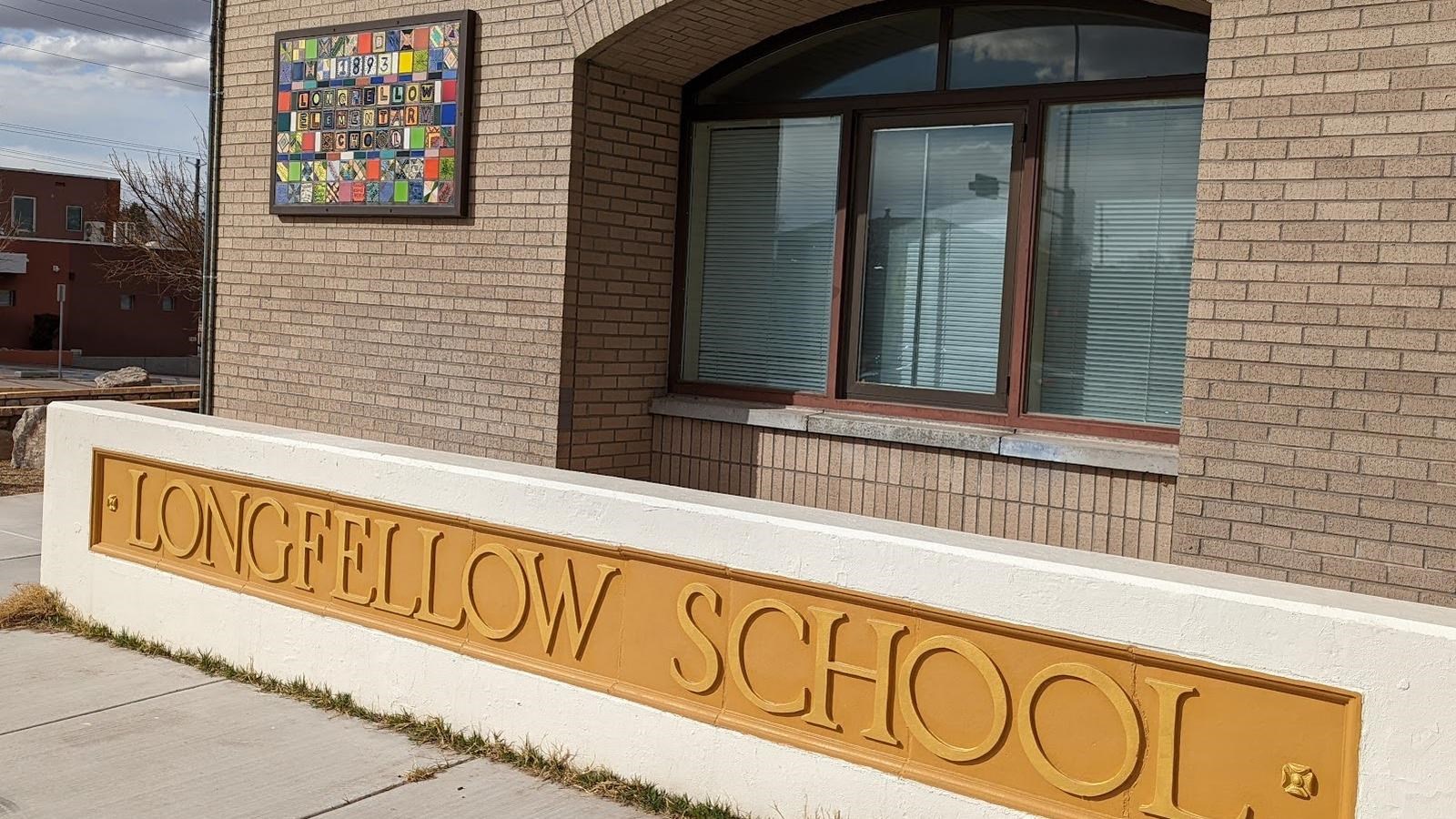 Longfellow School Corner Mosaics colorful art on the corner of the school building. 