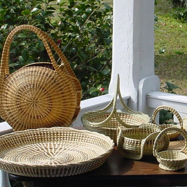Sweetgrass baskets on a table