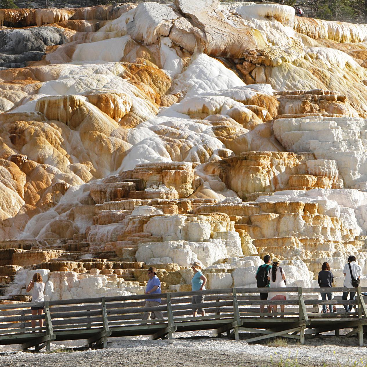 People stand on a boardwalk and admire a travertine terrace formation with water cascading down it.