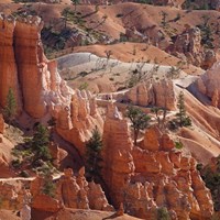 An overhead shot of a landscape with irregular red rock formations