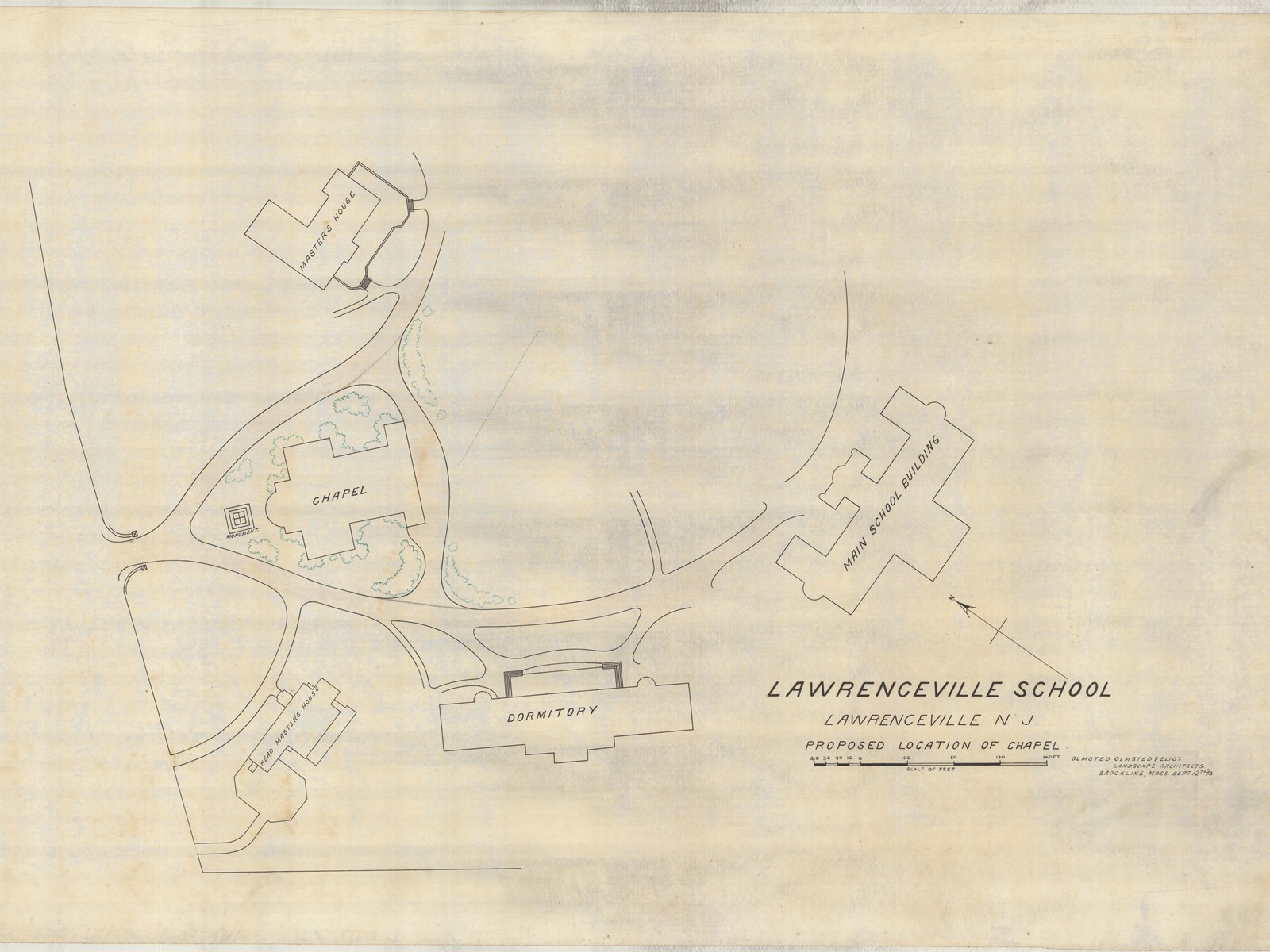 Campus plan with curving roads and buildings around