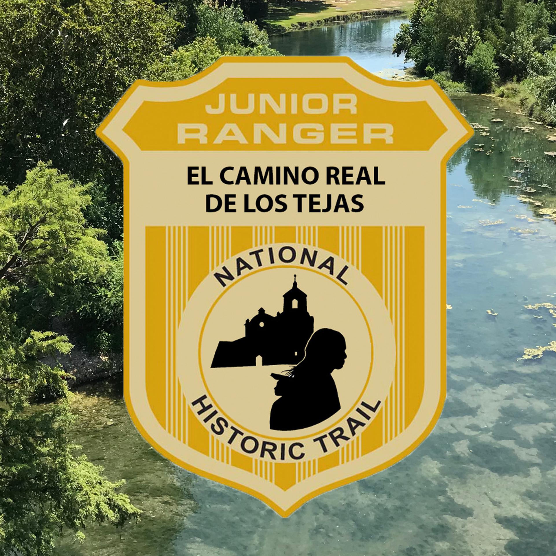 a junior ranger badge over an image of a creek through the woods