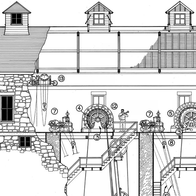 Black & white drawing of Dam No. 4 Hydroelectric Plant in West Virginia (east elevation & section)