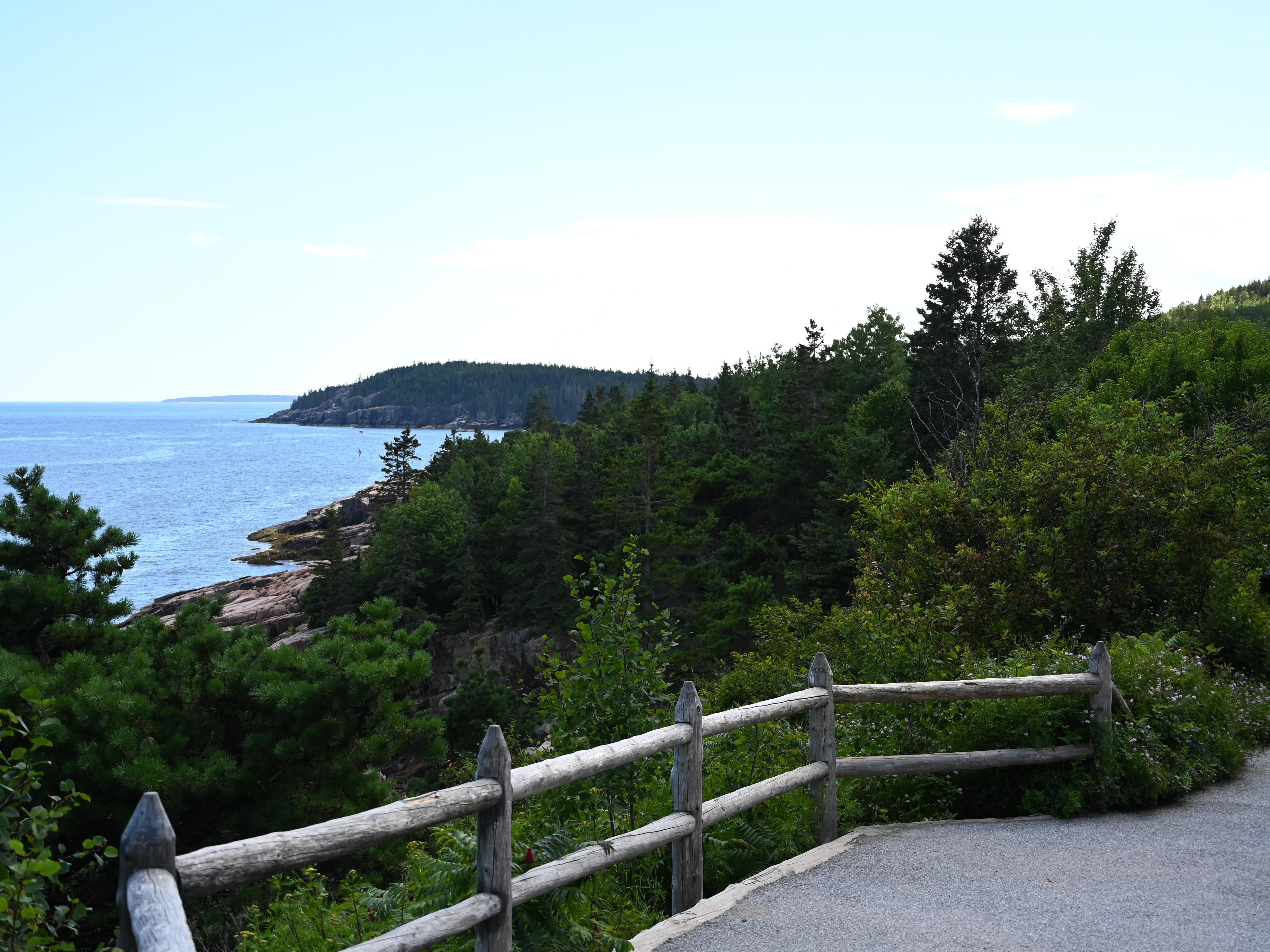 Gravel path with wooden railings next to sprawling greenery and view of the ocean.