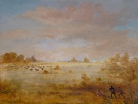 Painting of grassy plain, surrounded by trees, with herd of elk in the distance. Three hunters