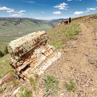 A trail travels past a piece of petrified wood on a ridgeline.