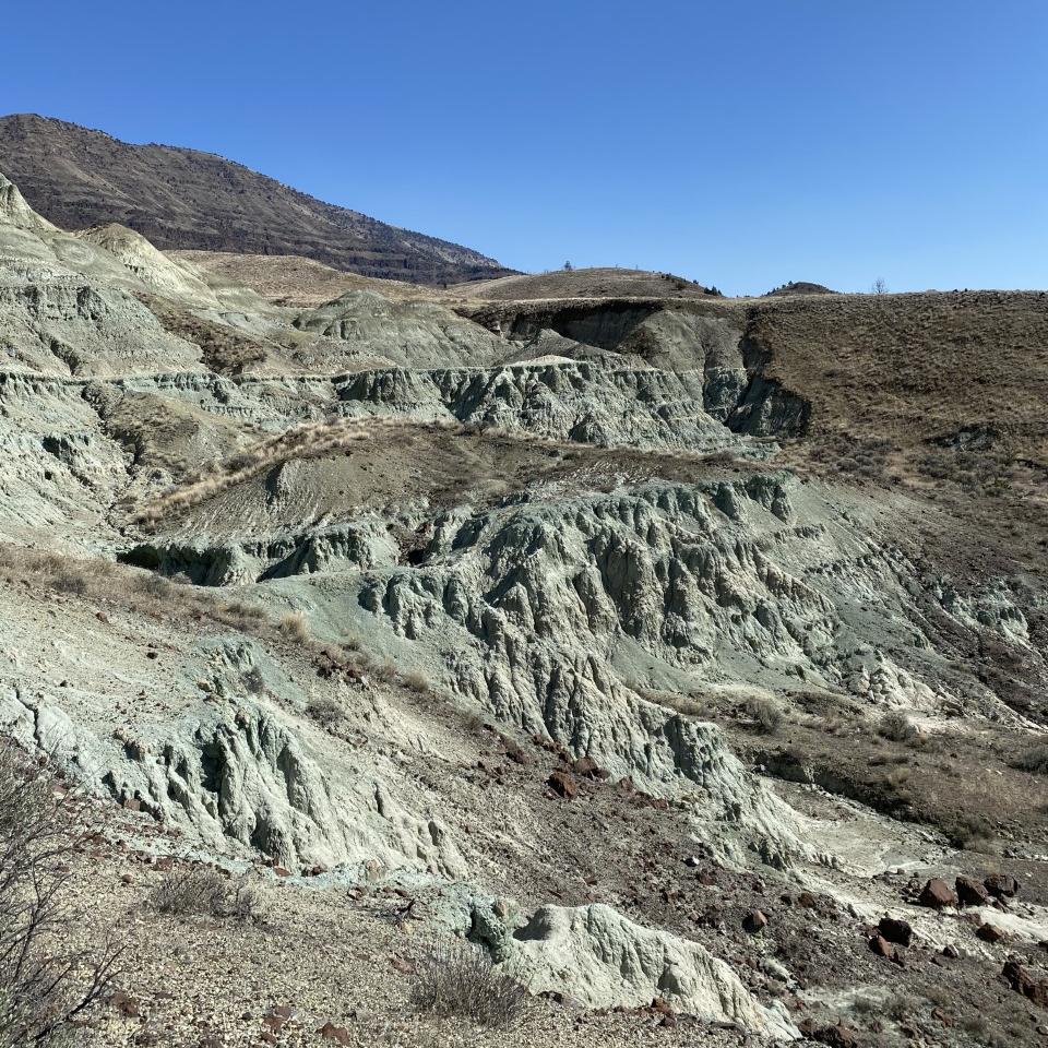 Layered blue claystone rocks in a valley with blue skies in the background
