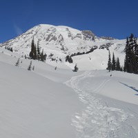 Snowshoe tracks lead across a snowy slope towards a glaciated peak against a blue sky.