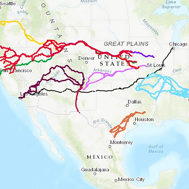 A map of multiple trails covering the western part of the United States.