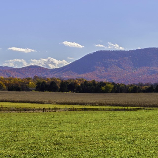 A scenic vista reveals green pastures backed by a mountain ridge.