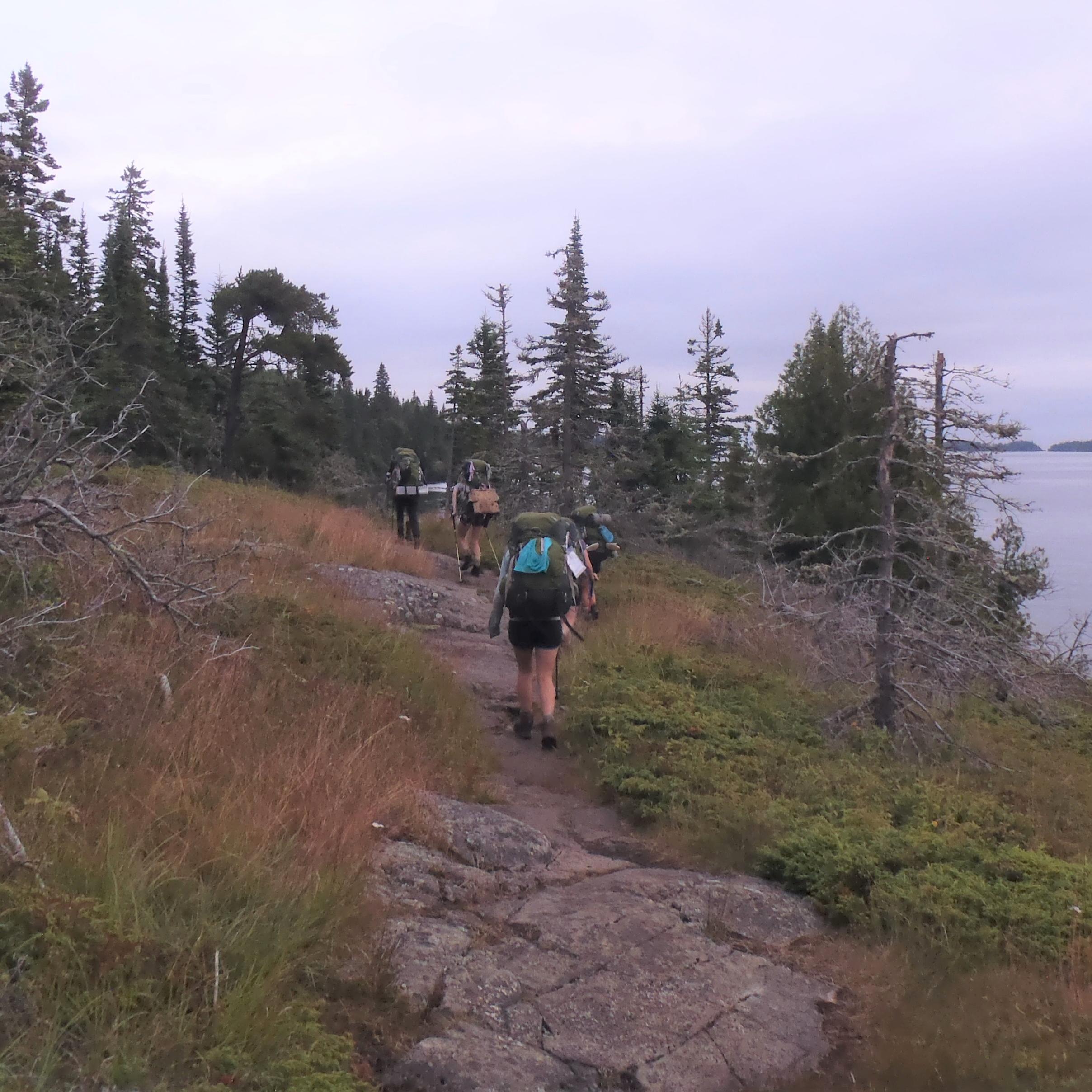 Four people walk on rocky trail towards a forest near a shoreline.