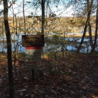 a wooden sign for the Potomac Heritage Trail in a forested riparian area